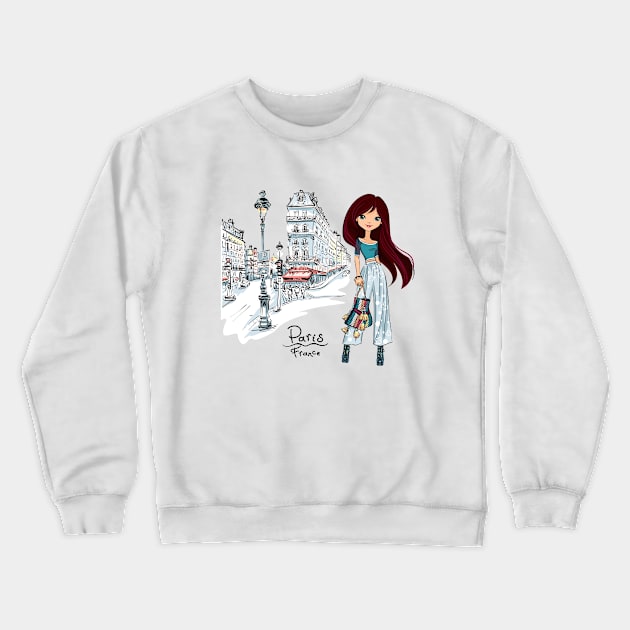 Vector fashion girl in Paris Crewneck Sweatshirt by kavalenkava